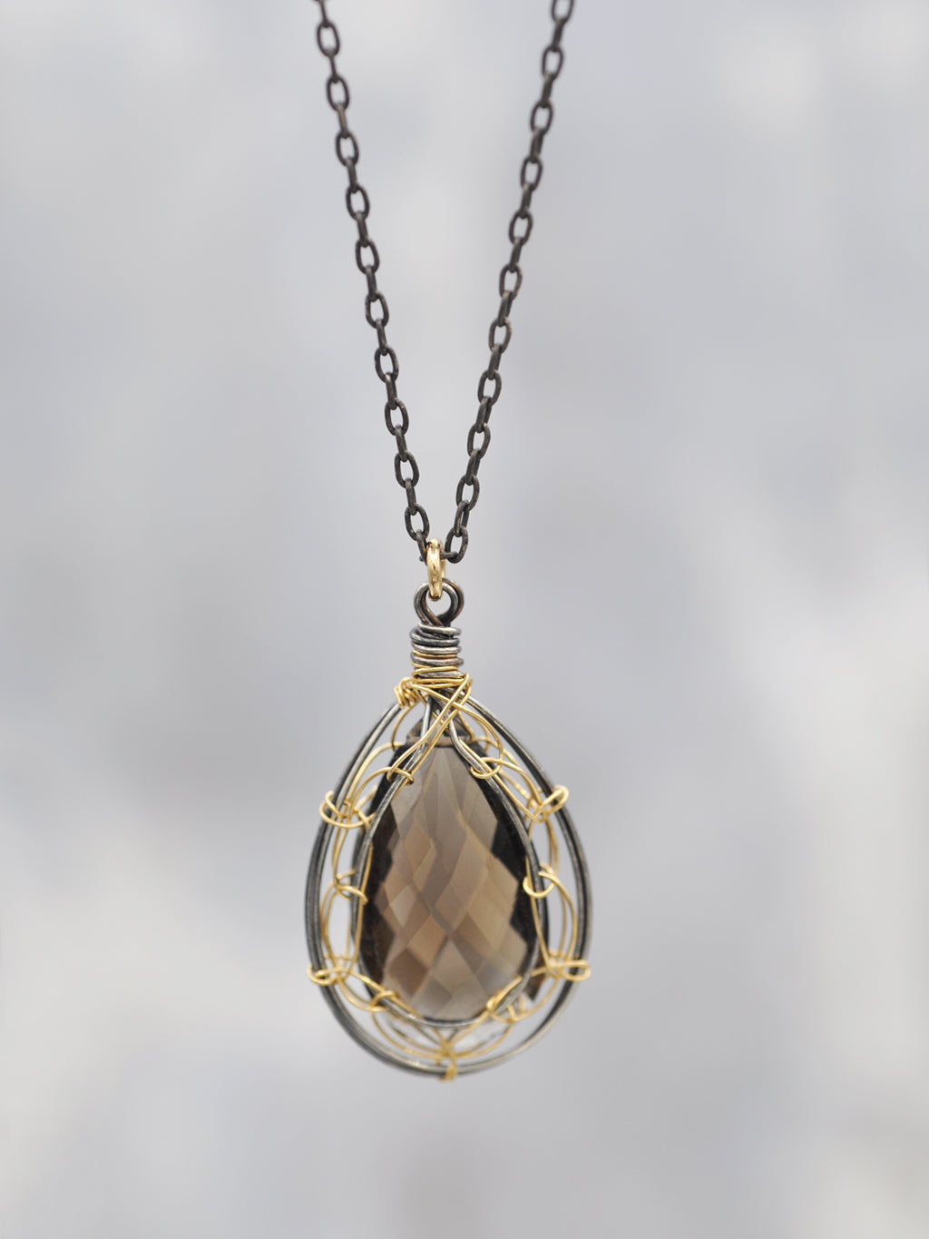 Black + Gold Framed Smoky Topaz Necklace