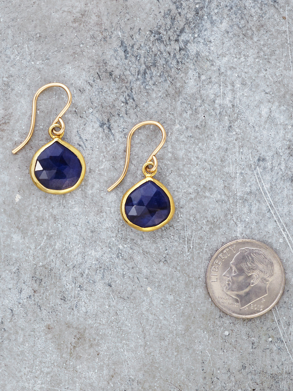 Gold Framed Sapphire Teardrop Earrings to scale