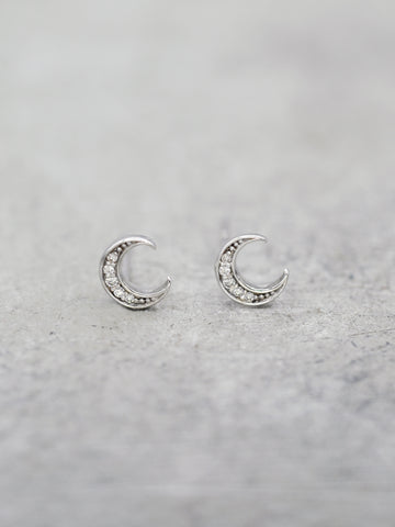 Sterling Crescent Moon Post Earrings - CZ