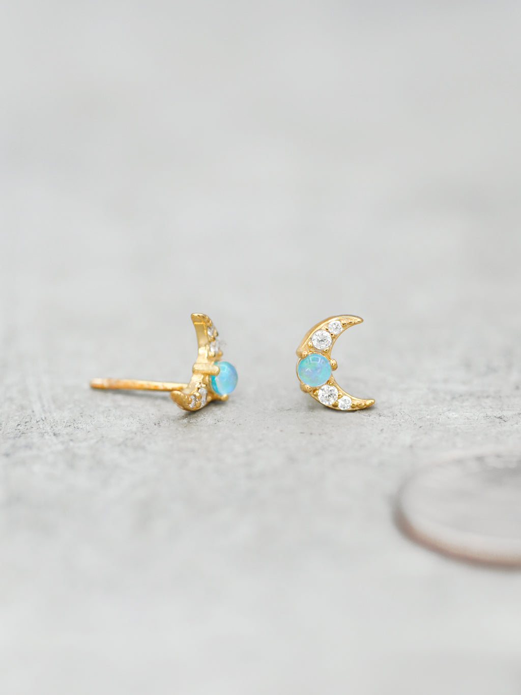 Opal & Cubic Zirconia Crescent Moon Post Earrings