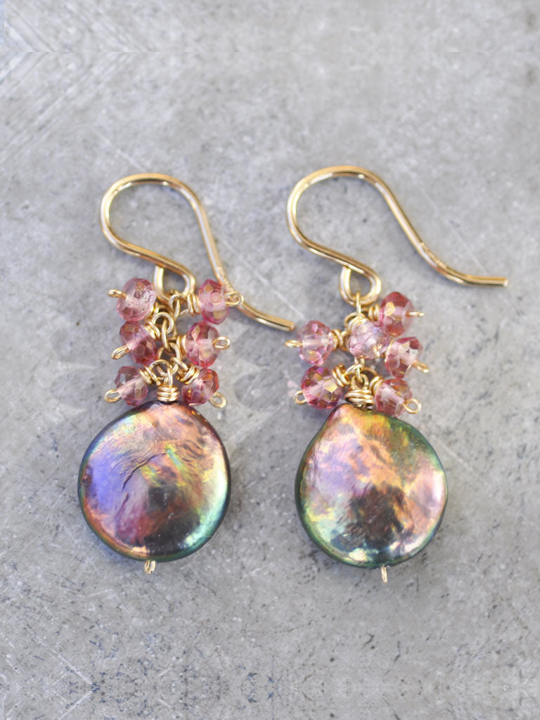 Pink Topaz & Peacock Pearl Cluster Earrings