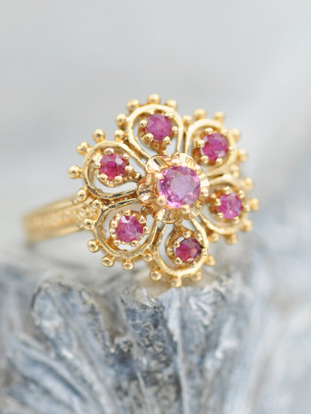 14K Antique Pink Sapphire Flower Ring