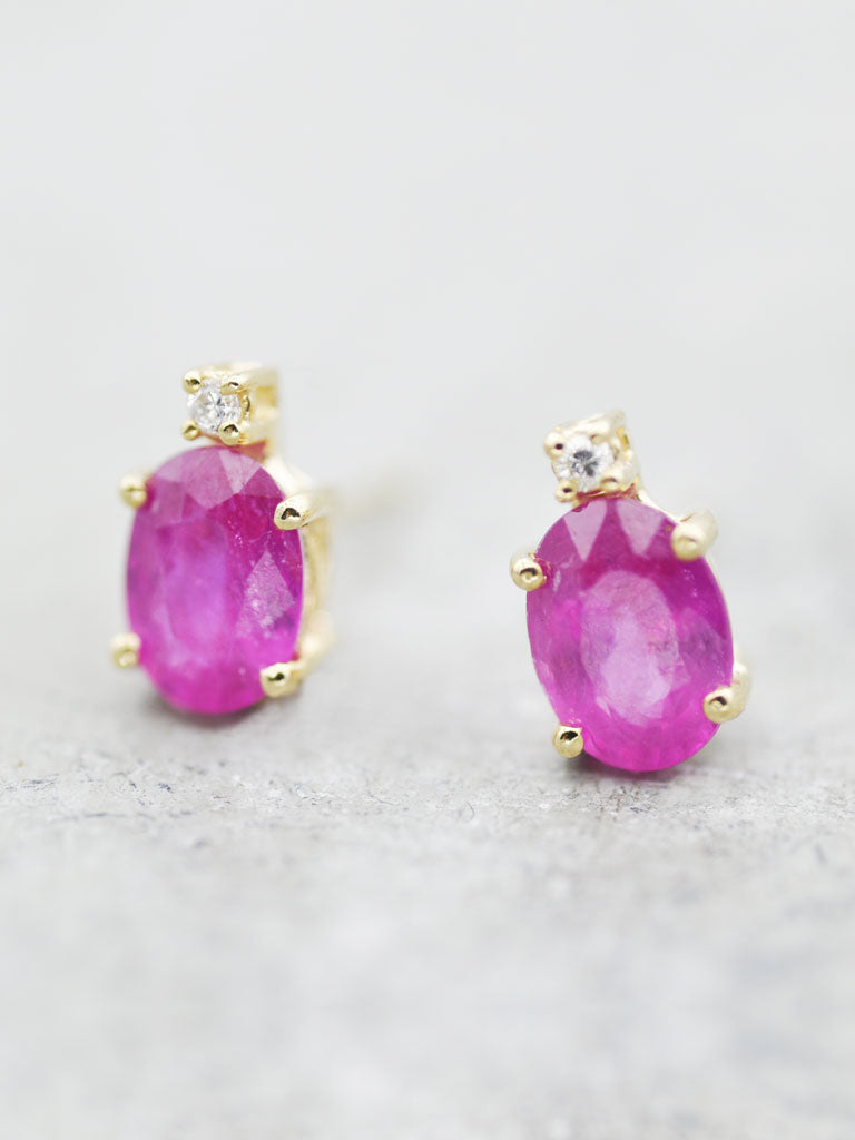 Ruby Posts With Red 14K Oval Ruby & Diamond Posts | LUNESSA