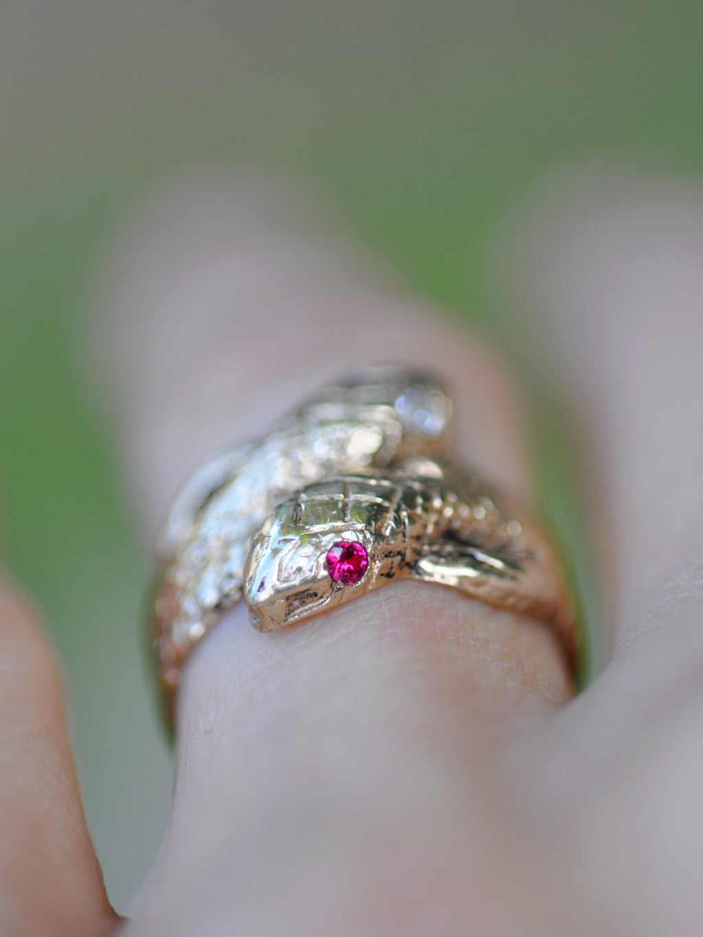 Antique Victorian Double Snake Ring -  Ruby + Diamonds
