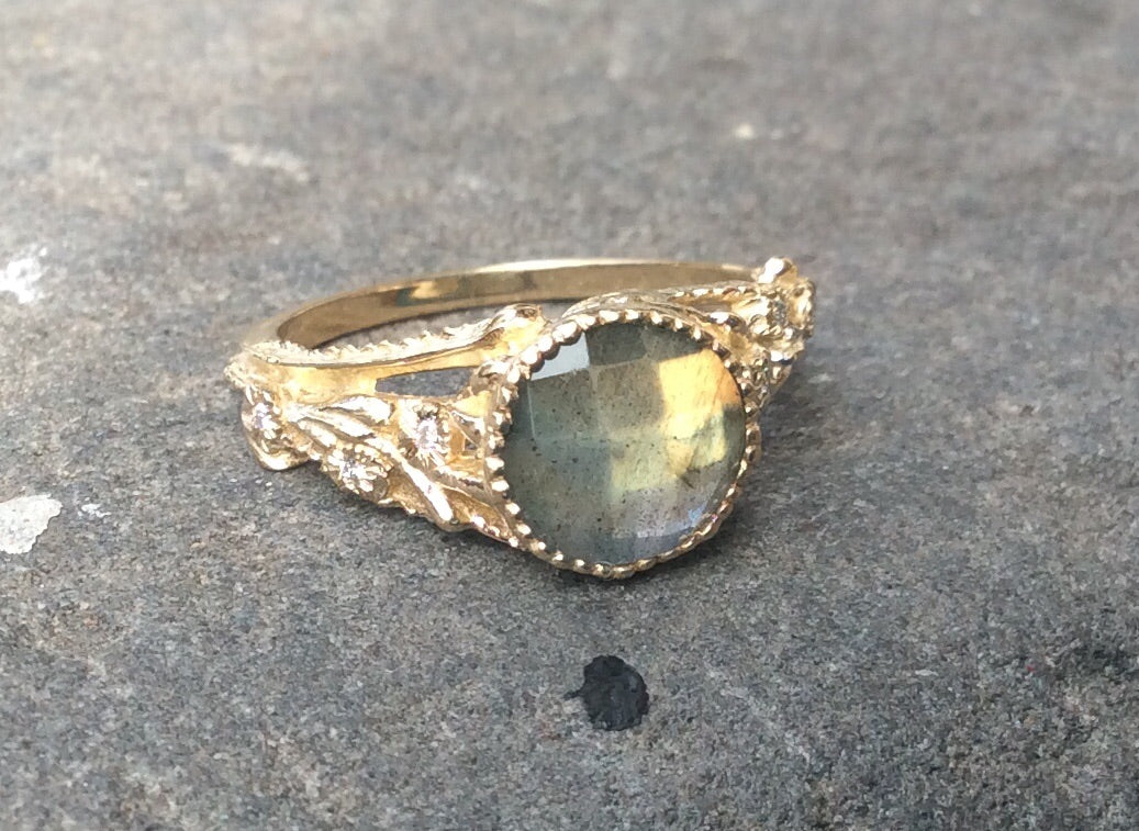 14K Ophelia Flower Ring - Labradorite + Diamond