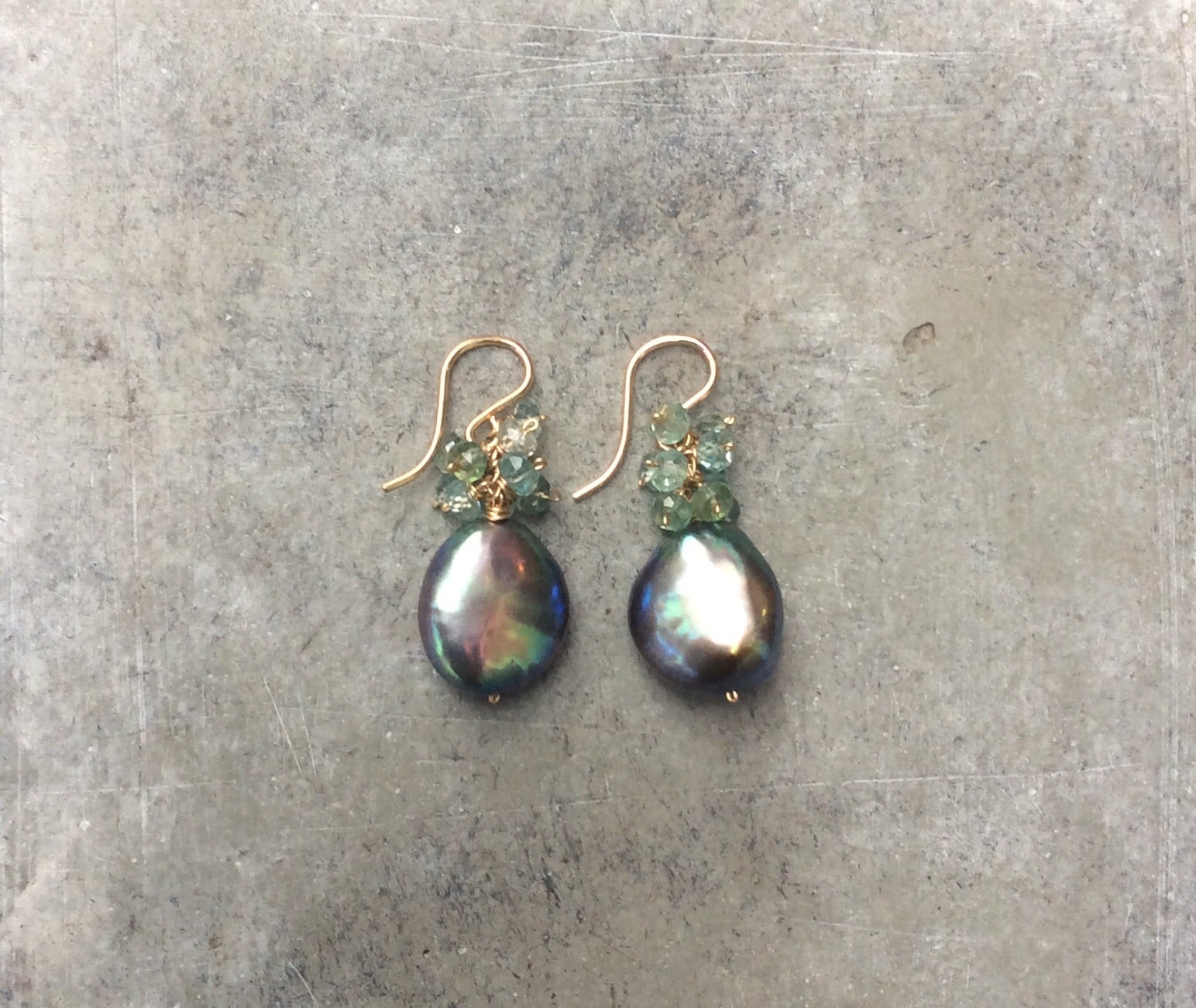 Freshwater Peacock Pearl Drops & Apatite/Green Amethyst Cluster Earrings